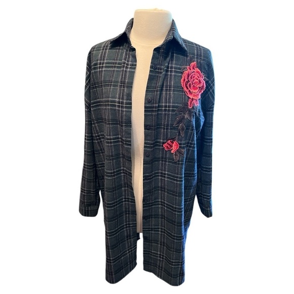 Passport Tops - Passport Dark Green Windowpane Plaid Long Button-down Shirt Dress Size Med​​​​​